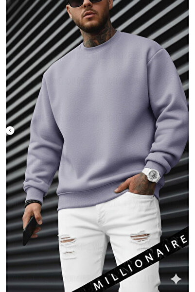 Millionaire Men's Lilac Tone Gray Basic 0 Crew Neck Unprinted Plain Oversized Loose Fit Sweatshirt