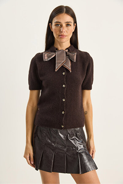 Bianco Lucci Дамски плетен кардиган с къси ръкави и шал 9058 60283765