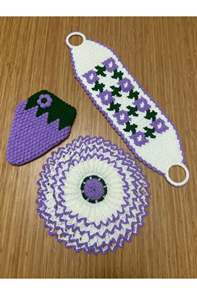 YükselHome El Yapımı Lila Çiçek Desenli Tığ İşi Banyo Takımı Çeyizlik (3 Parça)