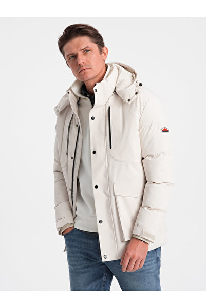 OMBRE Herren-Winterjacke mit abnehmbarer Kapuze und Cargotaschen – cremefarben