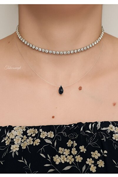 TakıConcept Kristal Taşlı İkili Hayalet Choker, Kadın Kolye, Şeffaf Kolye