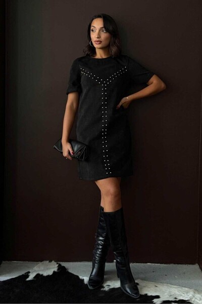 cemo Women's Black Staple Detailed Suede/Faux Leather Mini Dress Short Sleeve Evening Dress