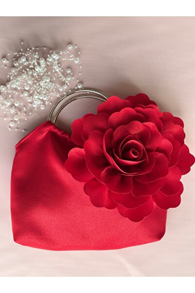 GUSTELLO Red Silver Metal D Handle 3D Rose Motif Handbag |   Wedding/Invitation Combinations