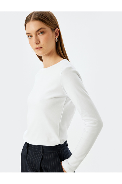 Koton Tricou basic cu mânecă lungă de bumbac cu guler rotund
