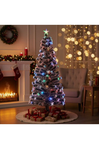 PROCART Artificial Christmas tree, LED and fiber optic lighting, star top, 210 cm