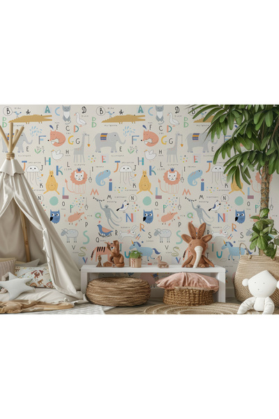 Tasarım Eğitici Hayvanlar ve Harfler Renkli Semboller Çocuk Odası Duvar Kağıdı