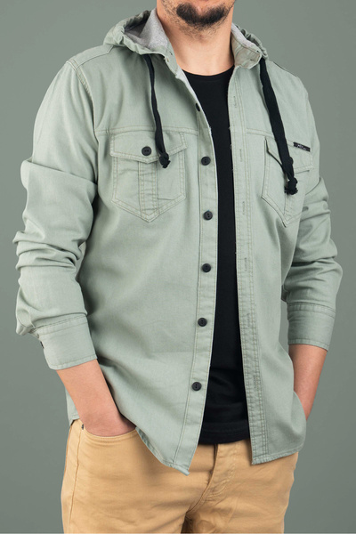 bombe Ανδρικό εφαρμοστό με κουκούλα τζιν πουκάμισο νεροπράσινο