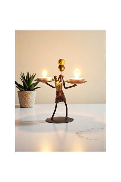 nesever store Retro Etnik Afrika Figürlü Çift Mumluk - Dekoratif Şamdan Tutucu (14 cm)