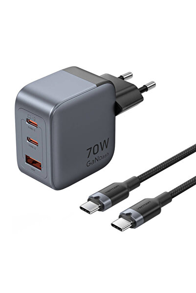 Vention GaN USB-C+C+A charger 70W + USB-C-C cable 1m (gray)