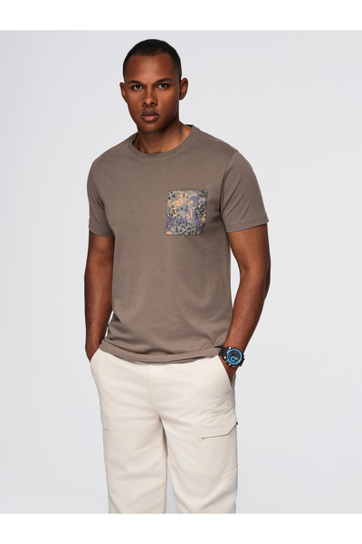 OMBRE Men's Cotton T-shirt with Printed Pocket - Dark Olive V1 OM-TSPT-0227
