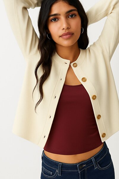 HAKKE Kadın Bisiklet Yaka Gold Düğme Detaylı Triko HIRKA