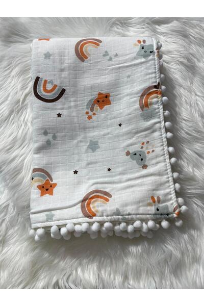 mayakids Baby Rainbow Star Patterned Muslin Double Sided Pompon Blanket
