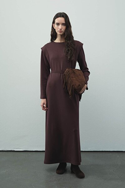 Hooopstore Aller Detailed Compact Cotton Burgundy Dress