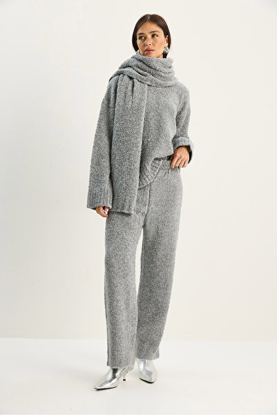 Bianco Lucci Women's Soft Textured Comfortable Cut Scarf Knitwear Set 2480 60283755