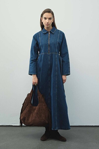 Hooopstore Zipper Detailed Denim Jeans Blue Dress