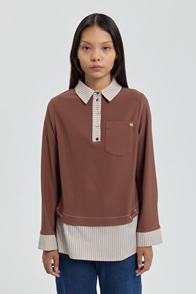 Nihan Çizgili Kumaş Garnili Örme Gömlek Yaka Tunik - Kahve