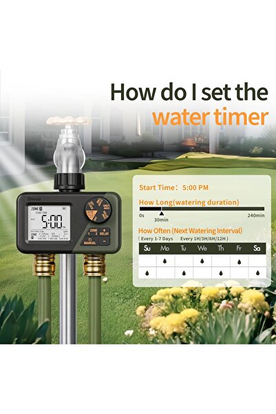 OEM Diivoo irrigation programmer, 2 outputs, IPX5 waterproof, Rain Delay automatic, green and black