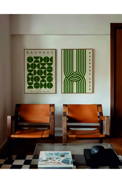 POSTER (ÇERÇEVESİZ) Bauhaus 3'lü Yeşil Çerçevesiz Seti, Modern Dekoratif Seti