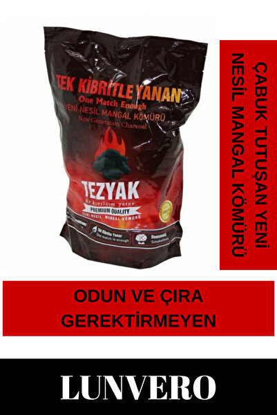 Lunvero Özel Üretim Çabuk Tutuşan Çıra Odun Gerektirmez Tek Kibritle Yüksek Isıyla Yanan Mangal Kömürü 2 KG