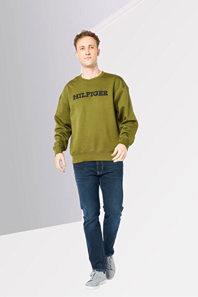Tommy Hilfiger Men Crew Neck Long Sleeve Embroidered Logo Sweatshirt, Olive
