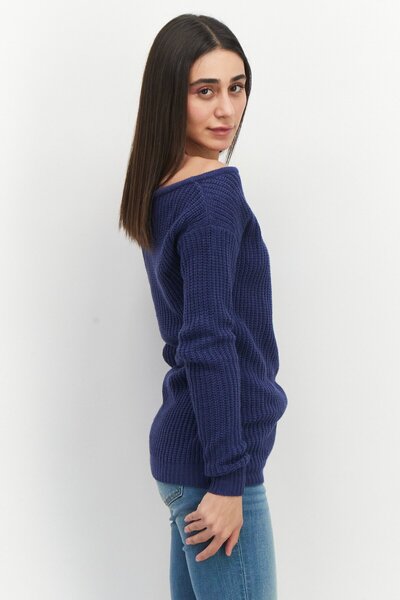 BOOHOO Women Boat Neck Long Sleeves Textured Sweater, Navy Blue