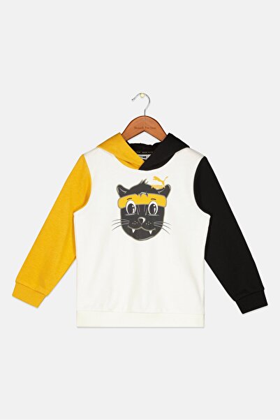 Puma Kids Boy Sportswear Fit Graphic Hooded Sweatshirt, White/Mustard/Black