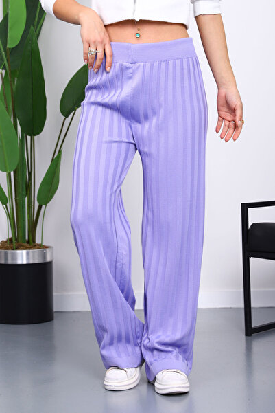İmajButik Lila High Waist Corded Fabric Wide Leg Knitwear Trousers