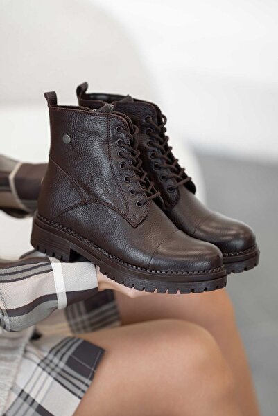 Parponi Tormen Bağcıklı Kadın Hakiki Deri Bot Kahverengi