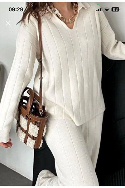 burcu tekstil Double Knitwear Set V-Neck Beige
