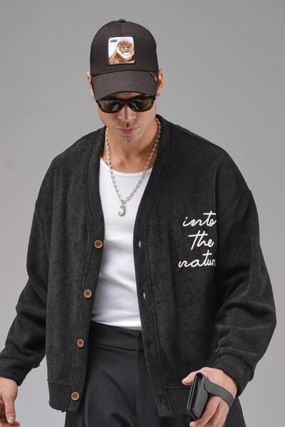 king brich Buttoned Embroidery Detailed Oversized Pattern Men's Cardigan