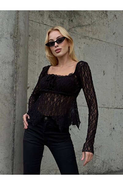 cemo Ecru Peplum Hem Ruffled Guipure Blouse Long Sleeve Tie Detail Square Neck Stylish Blouse