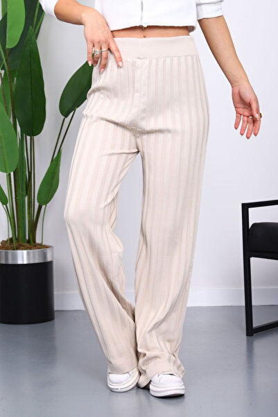 İmajButik Stone High Waist Corded Fabric Wide Leg Knitwear Trousers
