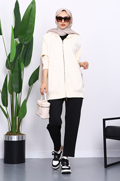 İmajButik Cream Double Pocket Zippered Knitwear Cardigan