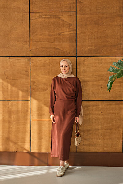 LOCCO Women's Front Piece Detailed Dress Brown