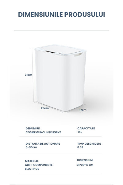 Gadgetry White Automatic Sensor Trash Can, 14L Capacity, with Anti-Odor Lid