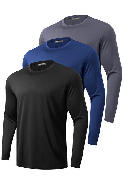 GHASSY CO. 3-Pack Men's 100% Cotton Stretch Fabric Sports Running Daily Training Long Sleeve Combed Cotton T-Shirt