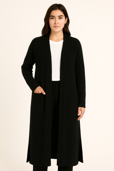 Hayalet Women's Long Soft Textured Thick Wool Cardigan – 125 cm Black, Slit and Pocket Design