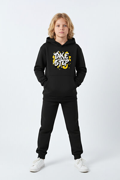 panios kids 3 İplik Winter Ş Fleece-Lined Take the Step Print Detailed Boys' Tracksuit Set
