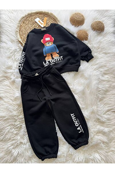 Ecenin Favorileri Teddy Bear Printed Men's Tracksuit Set with Hat Embroidery Detail