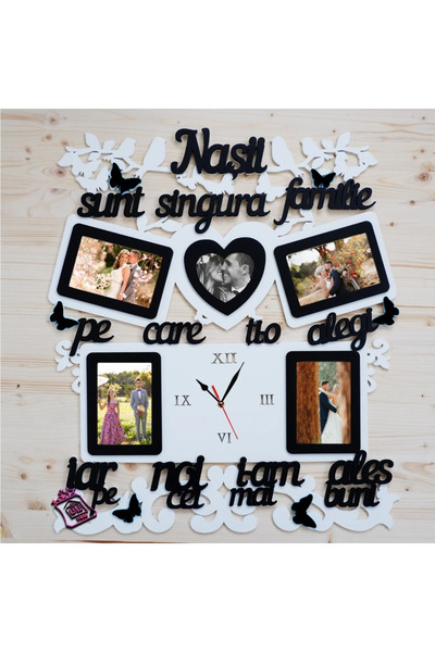damoro Photo frame with 5 pictures and clock, for godparents, wood, black/white