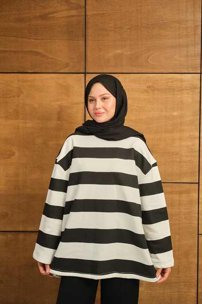 LOCCO Hanorac cu dungi groase pentru femei, negru