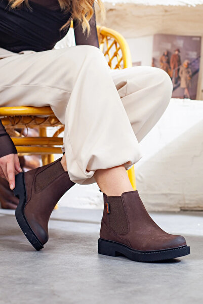 Adım Adım Women's Genuine Leather Casual Boots with Elastic Sides