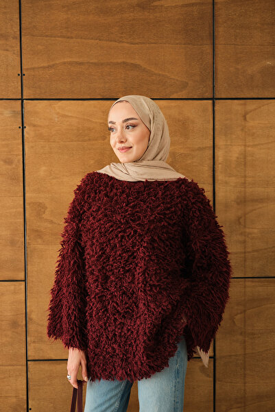 LOCCO Pulover de damă cu detalii din blană Burgundy
