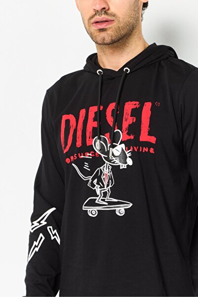 Diesel Men Drawstring Brand Logo Long Sleeve Hoodie, Black