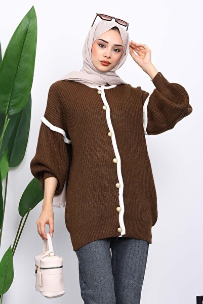 İmajButik Brown Balloon Sleeve Buttoned Knit Cardigan