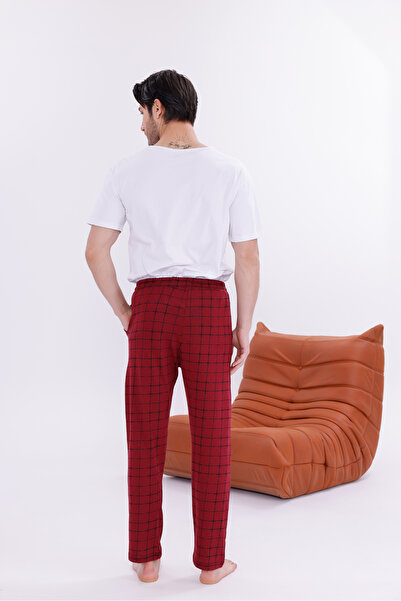 Pijamasoft Men's Cotton Pocket Plaid Printed Elastic Waist Stylish Pajama Bottoms Burgundy 21