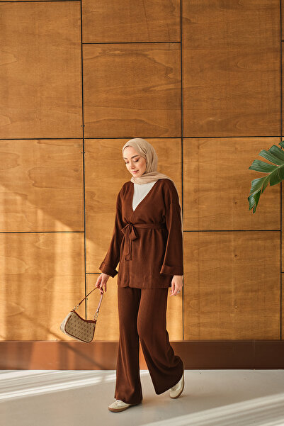 LOCCO Women's Waist Tie Kimono Set Brown