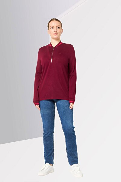 Lacoste Women Baseball Collar Brand Logo Long Sleeve Sweatshirt, Maroon