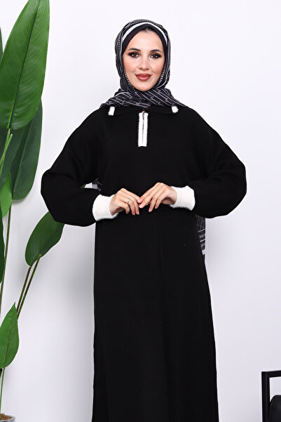 İmajButik Black Shirt Collar Zippered Knitwear Dress