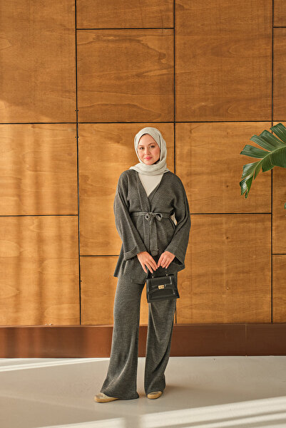 LOCCO Women's Waist-Tie Kimono Set Gray